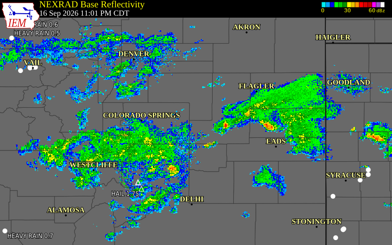 Current NEXRAD radar over Lincoln County, Colorado with recent storm report locations