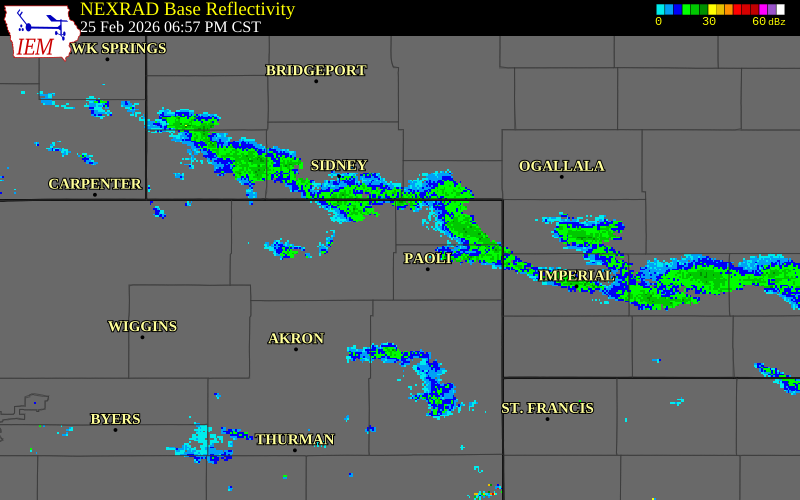 NEXRAD radar during the Wednesday, February 25, 2026 storm activity in Logan County, Colorado