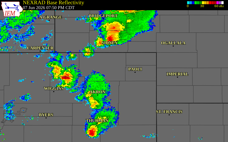 NEXRAD radar during the Sunday, June 7, 2026 storm activity in Logan County, Colorado