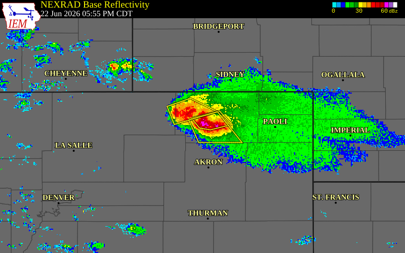 NEXRAD radar during the Monday, June 22, 2026 storm activity in Logan County, Colorado
