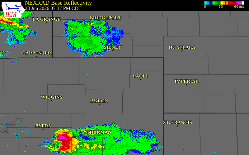 NEXRAD radar during the Tuesday, June 23, 2026 storm activity in Logan County, Colorado