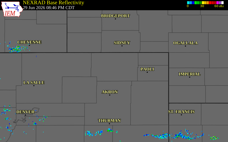 NEXRAD radar during the Monday, June 29, 2026 storm activity in Logan County, Colorado