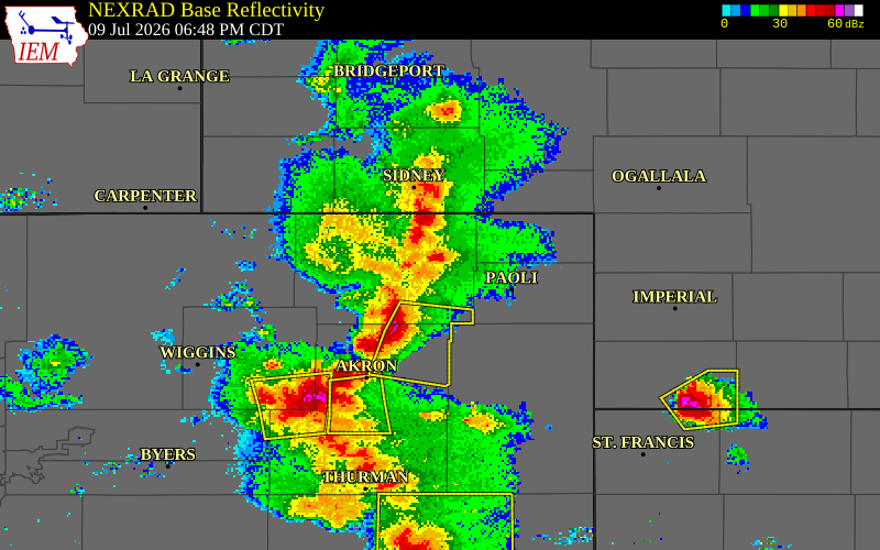 NEXRAD radar during the Thursday, July 9, 2026 storm activity in Logan County, Colorado