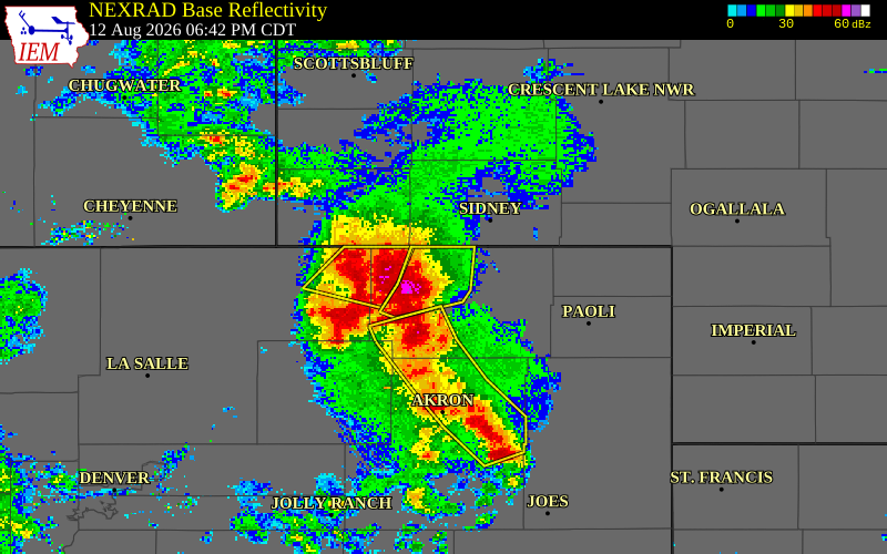 NEXRAD radar during the Wednesday, August 12, 2026 storm activity in Logan County, Colorado