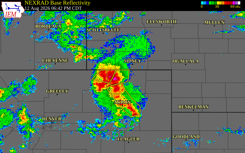 Radar snapshot during the Aug 12, 2026 tornado event near 5 NNE North Sterling Re, Logan County, Colorado, with NWS warning polygons