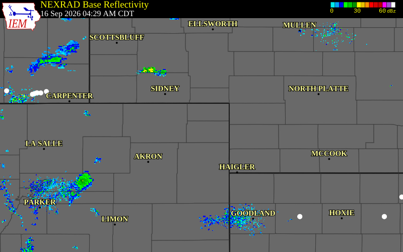 Current NEXRAD radar over Logan County, Colorado with recent storm report locations