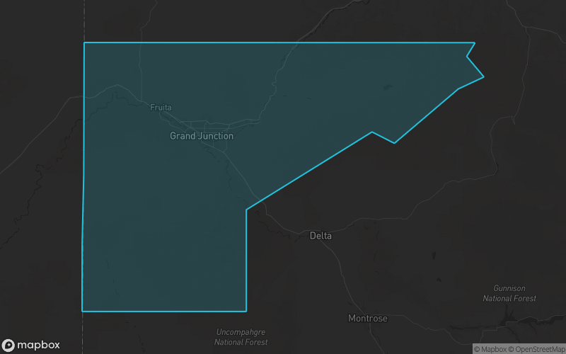Map of Mesa County, Colorado showing the county boundary and surrounding cities