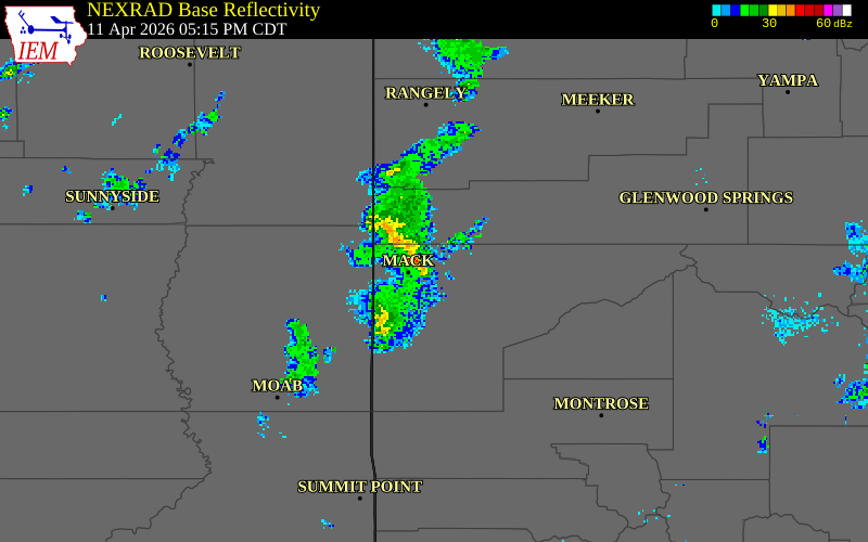 NEXRAD radar during the Saturday, April 11, 2026 storm activity in Mesa County, Colorado