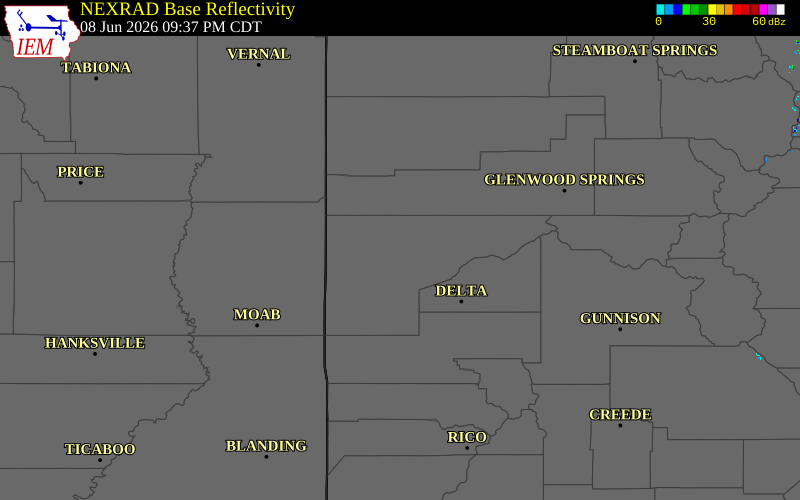 Radar snapshot during the Jun 8, 2026 wind event near 3 NW Fruitvale, Mesa County, Colorado, with NWS warning polygons