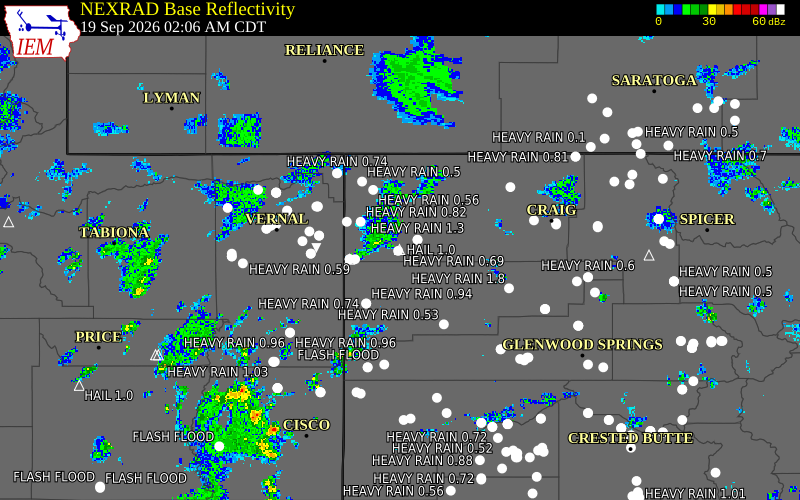 Current NEXRAD radar over Moffat County, Colorado with recent storm report locations