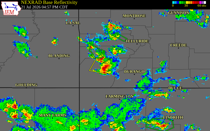 NEXRAD radar during the Tuesday, July 21, 2026 storm activity in Montezuma County, Colorado