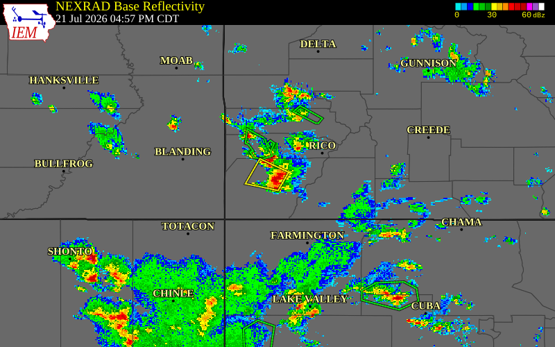 Radar snapshot during the Jul 21, 2026 wind event near Dolores, Montezuma County, Colorado, with NWS warning polygons