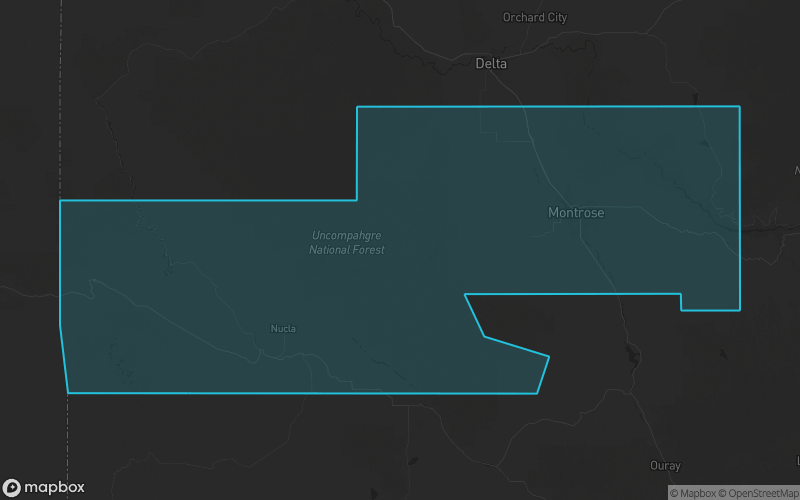 Map of Montrose County, Colorado showing the county boundary and surrounding cities