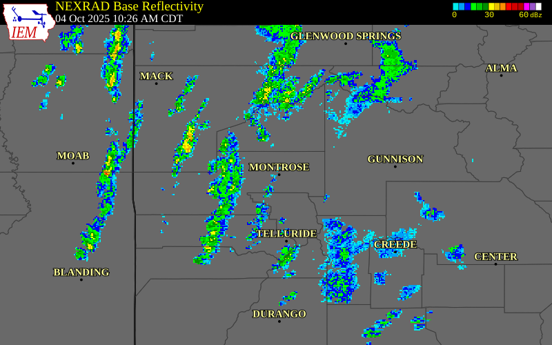 NEXRAD radar during the Saturday, October 4, 2025 storm activity in Montrose County, Colorado
