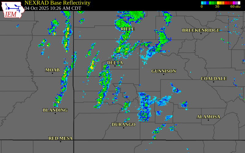 Radar snapshot during the Oct 4, 2025 wind event near 2 NW Montrose, Montrose County, Colorado, with NWS warning polygons