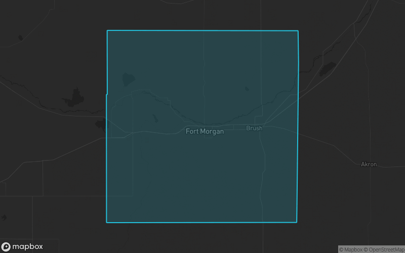 Map of Morgan County, Colorado showing the county boundary and surrounding cities