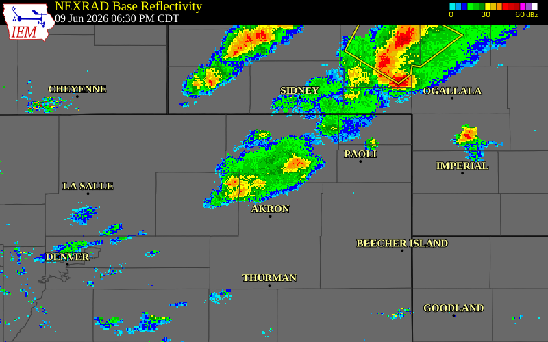 NEXRAD radar during the Tuesday, June 9, 2026 storm activity in Morgan County, Colorado