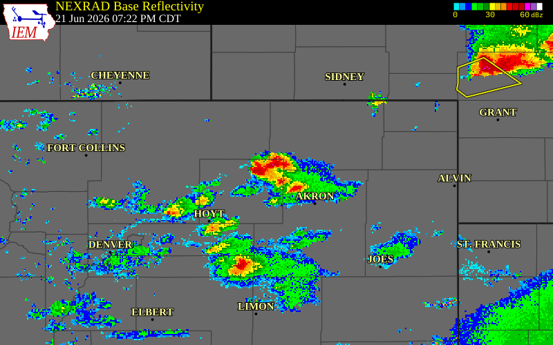 NEXRAD radar during the Sunday, June 21, 2026 storm activity in Morgan County, Colorado