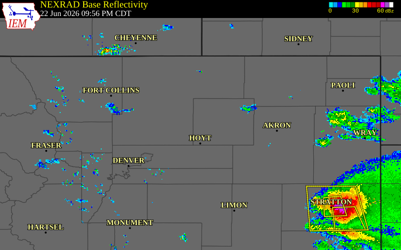 NEXRAD radar during the Monday, June 22, 2026 storm activity in Morgan County, Colorado