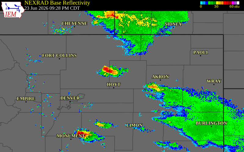NEXRAD radar during the Tuesday, June 23, 2026 storm activity in Morgan County, Colorado