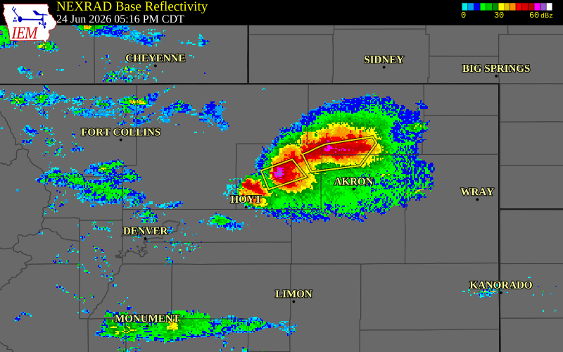 NEXRAD radar during the Wednesday, June 24, 2026 storm activity in Morgan County, Colorado