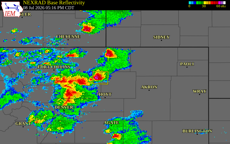 NEXRAD radar during the Wednesday, July 8, 2026 storm activity in Morgan County, Colorado