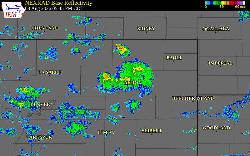 NEXRAD radar during the Saturday, August 8, 2026 storm activity in Morgan County, Colorado
