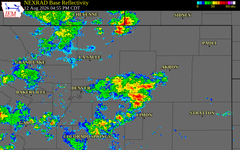 NEXRAD radar during the Wednesday, August 12, 2026 storm activity in Morgan County, Colorado