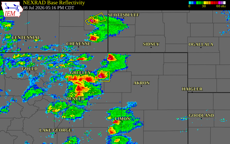 Radar snapshot during the Jul 8, 2026 tornado event near 6 SSW New Raymer, Morgan County, Colorado, with NWS warning polygons