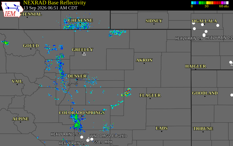 Current NEXRAD radar over Morgan County, Colorado with recent storm report locations