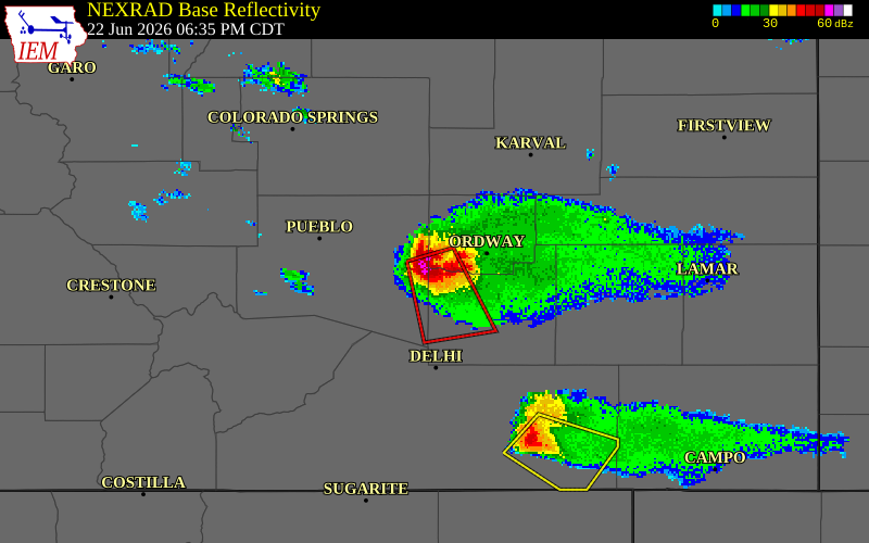 NEXRAD radar during the Monday, June 22, 2026 storm activity in Otero County, Colorado