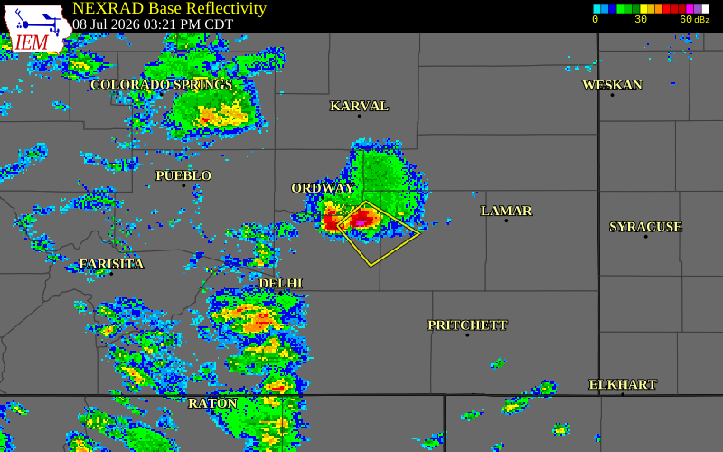 NEXRAD radar during the Wednesday, July 8, 2026 storm activity in Otero County, Colorado
