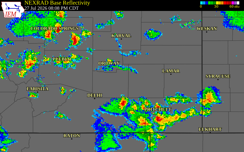 NEXRAD radar during the Monday, July 27, 2026 storm activity in Otero County, Colorado