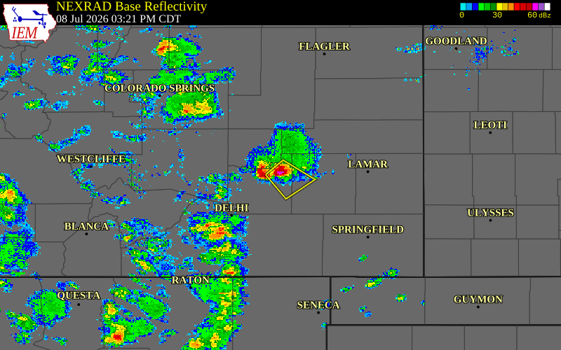 Radar snapshot during the Jul 8, 2026 wind event near 4 S Cheraw, Otero County, Colorado, with NWS warning polygons