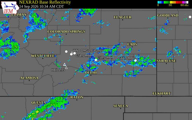 Current NEXRAD radar over Otero County, Colorado with recent storm report locations