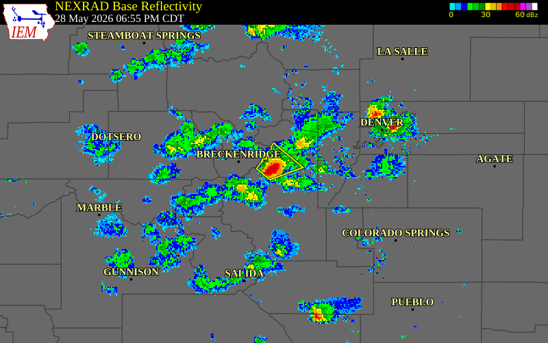NEXRAD radar during the Thursday, May 28, 2026 storm activity in Park County, Colorado