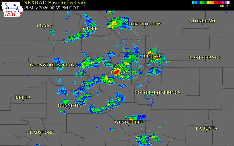 Radar snapshot during the May 28, 2026 hail event near 1 NW Kenosha Pass, Park County, Colorado, with NWS warning polygons
