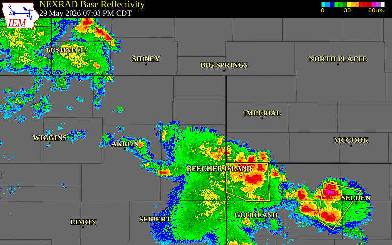NEXRAD radar during the Friday, May 29, 2026 storm activity in Phillips County, Colorado