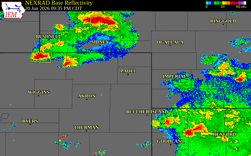 NEXRAD radar during the Saturday, June 20, 2026 storm activity in Phillips County, Colorado