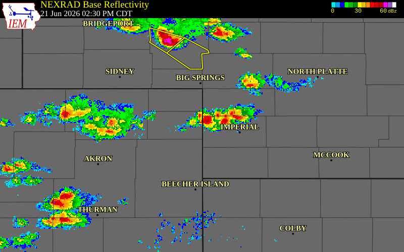 NEXRAD radar during the Sunday, June 21, 2026 storm activity in Phillips County, Colorado