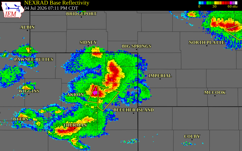 NEXRAD radar during the Saturday, July 4, 2026 storm activity in Phillips County, Colorado