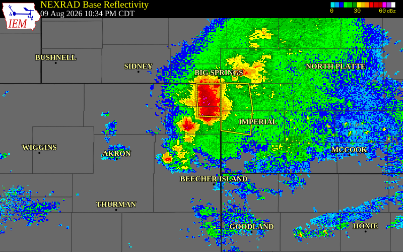 NEXRAD radar during the Sunday, August 9, 2026 storm activity in Phillips County, Colorado