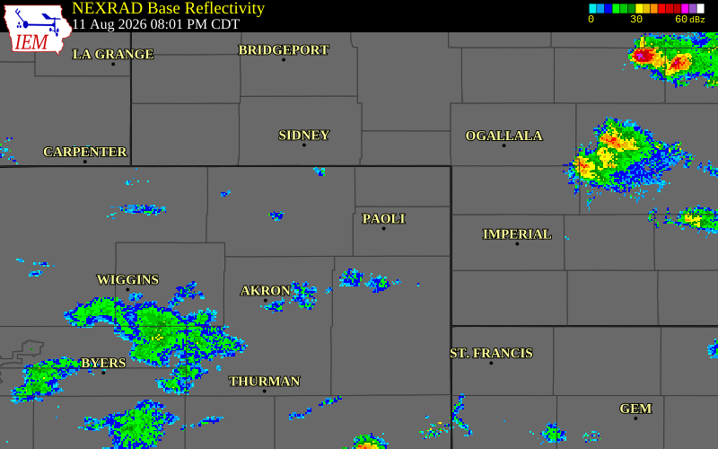 NEXRAD radar during the Tuesday, August 11, 2026 storm activity in Phillips County, Colorado