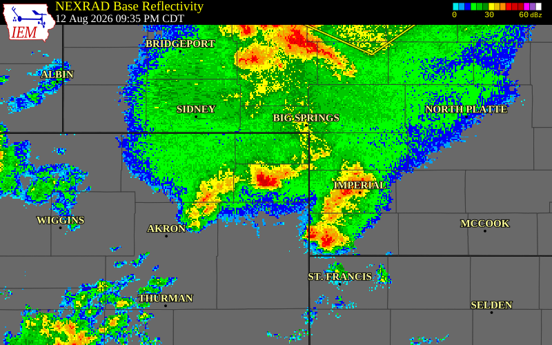 NEXRAD radar during the Wednesday, August 12, 2026 storm activity in Phillips County, Colorado