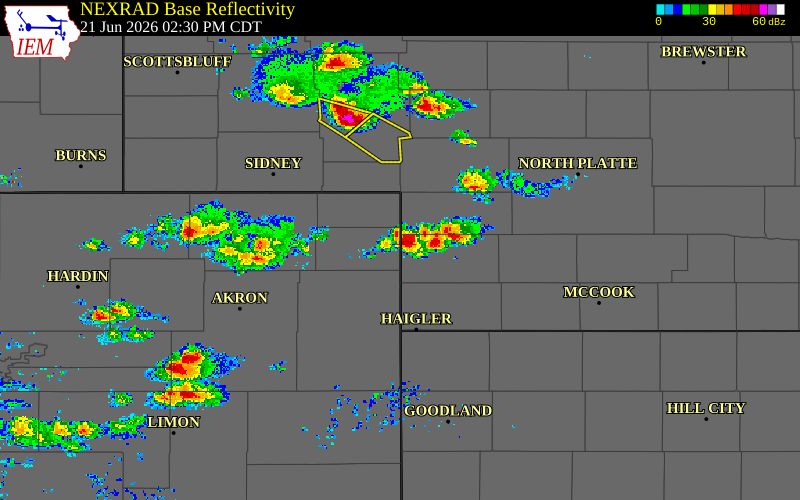 Radar snapshot during the Jun 21, 2026 tornado event near 3 ESE Pleasant Valley, Phillips County, Colorado, with NWS warning polygons