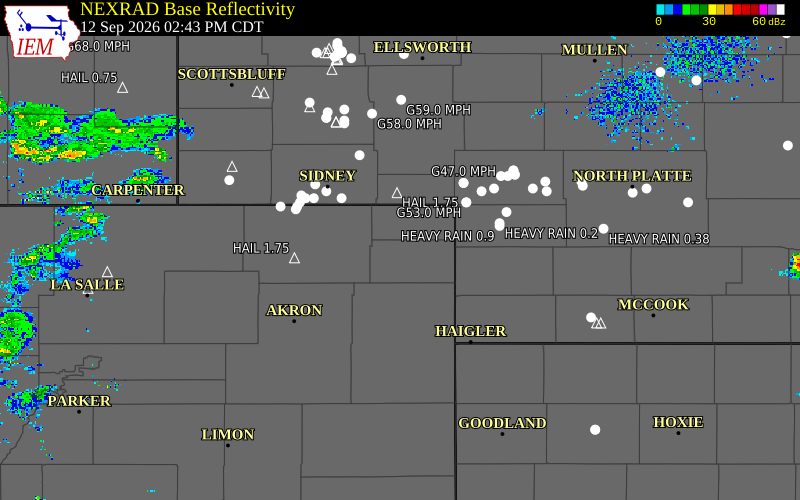 Current NEXRAD radar over Phillips County, Colorado with recent storm report locations