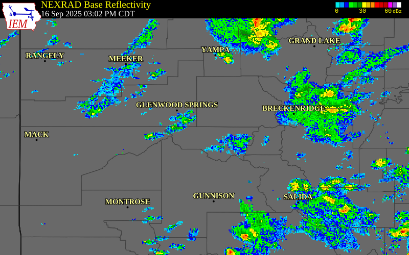 NEXRAD radar during the Tuesday, September 16, 2025 storm activity in Pitkin County, Colorado