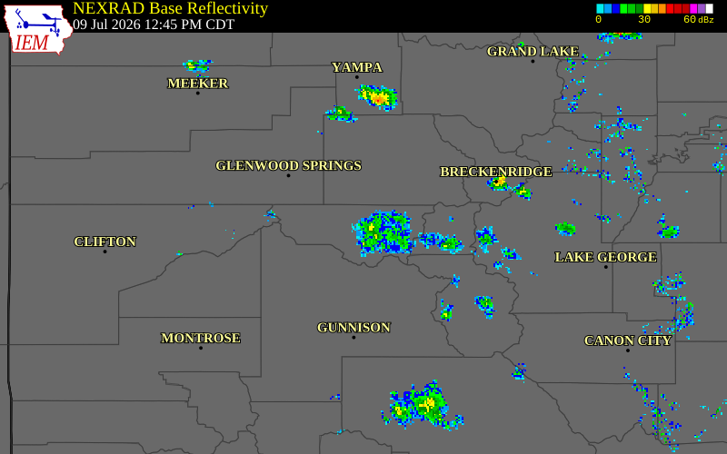 NEXRAD radar during the Thursday, July 9, 2026 storm activity in Pitkin County, Colorado