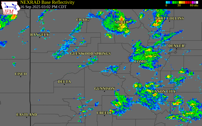 Radar snapshot during the Sep 16, 2025 wind event near 1 S Basalt, Pitkin County, Colorado, with NWS warning polygons