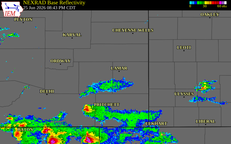 NEXRAD radar during the Thursday, June 25, 2026 storm activity in Prowers County, Colorado
